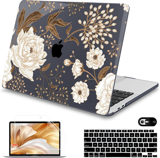 Mektron for MacBook Air 13 Case A1466/A1369 (2010-2017 Release), Snap-on Plastic Hard Shell Cover for MacBook Air 13.3 inch with Keyboard Cover, Peonies and Roses