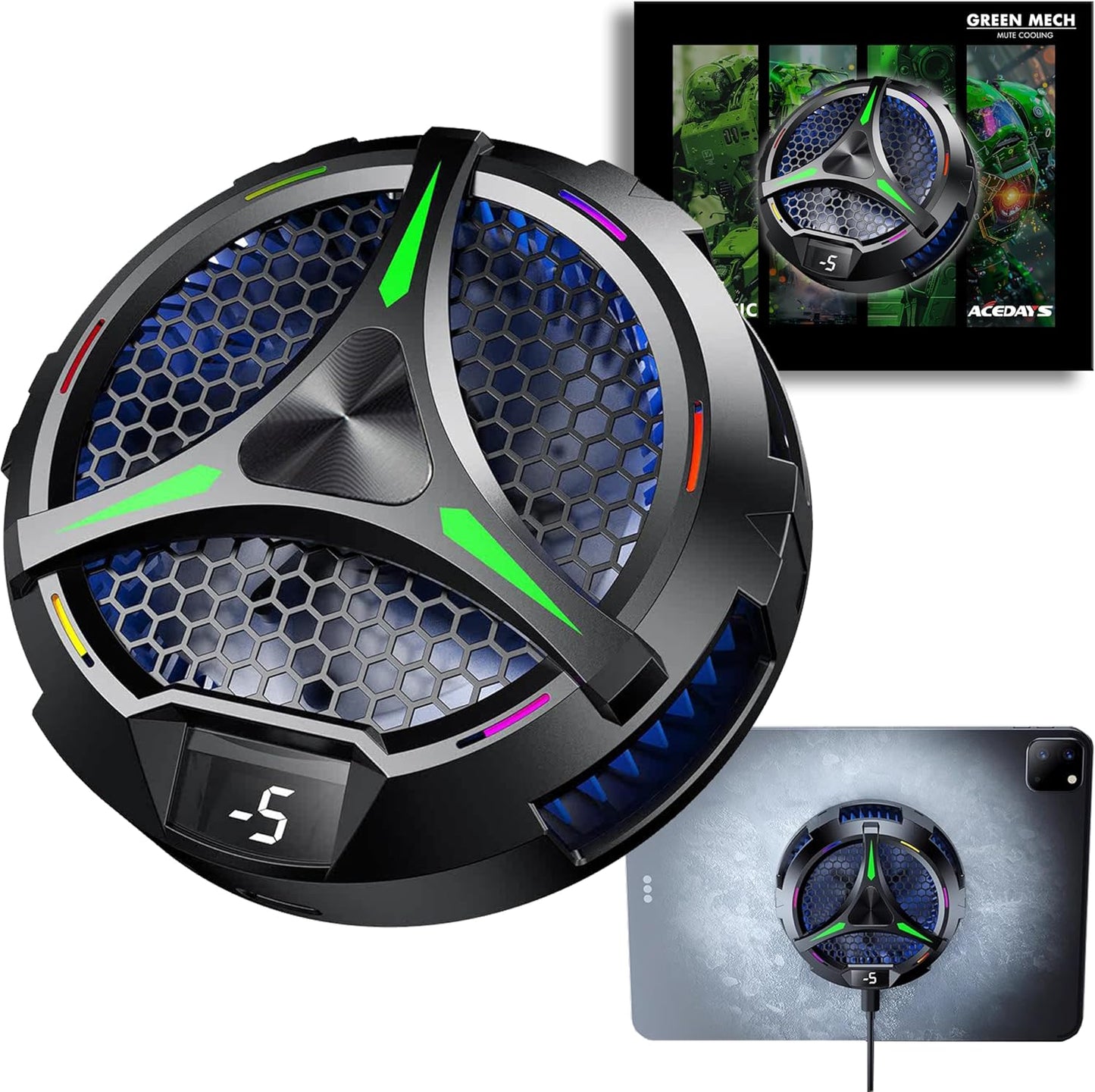 Magnetic Cooler for iPad,Tablet Cooler for ipad/Surface pro/Samsung Tab,Universal Radiator with Temperature Display for Mobile Gaming,Tiktok Live Streaming (Green Mech)