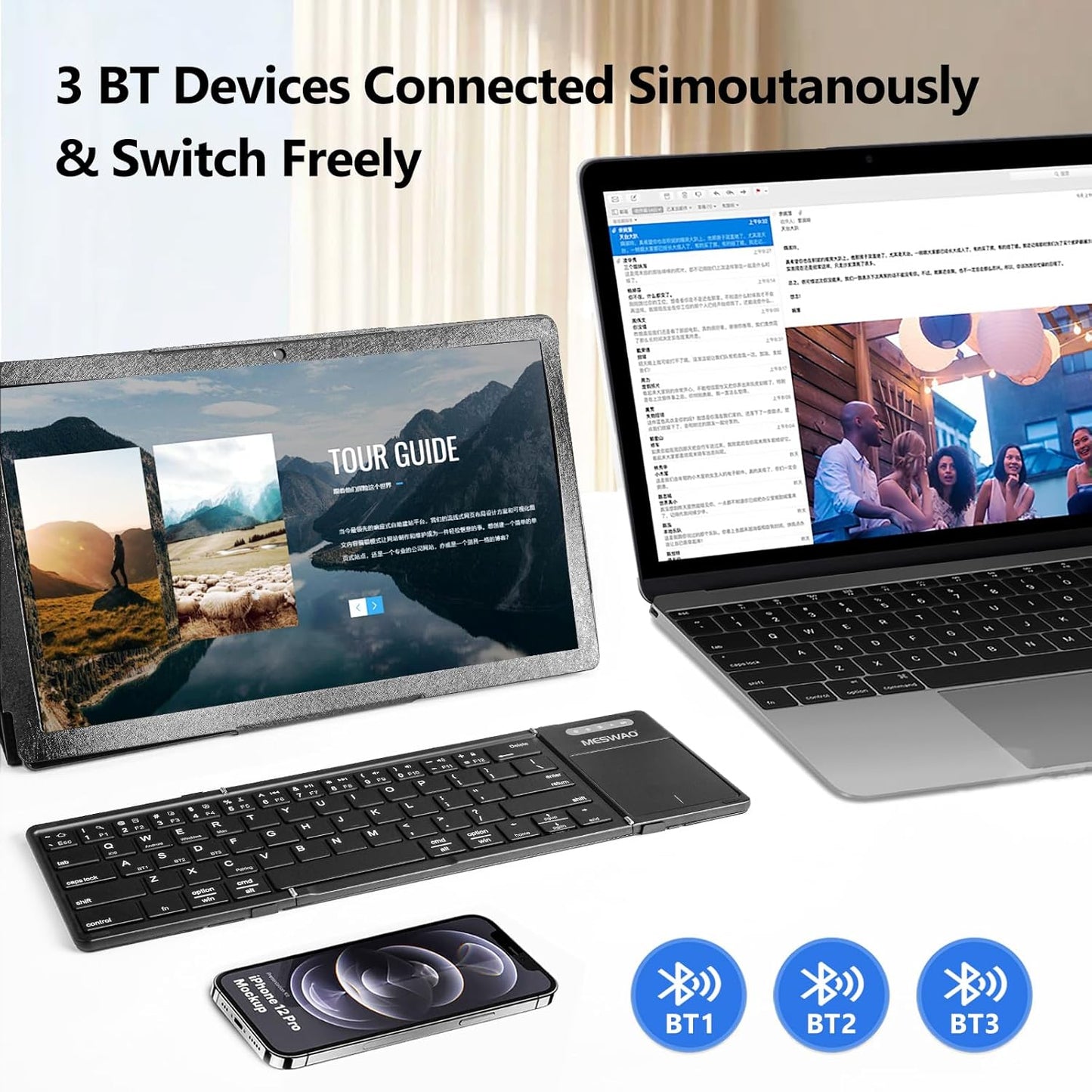 Foldable Bluetooth Keyboard with Touchpad, Wireless Folding Keyboards with PU Leather (Sync up to 3 Devices), Full-Size Portable Keyboard for Android/Windows/iOS