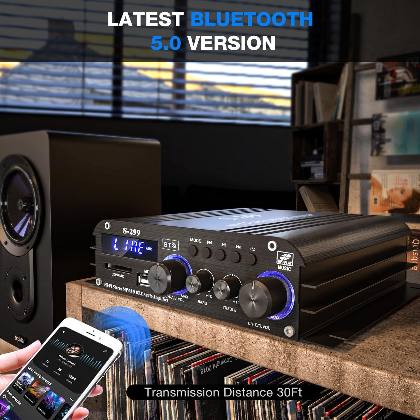 Facmogu S-299 4.1CH Bluetooth Power Amplifier with Active Subwoofer Output (NOT Passive Subwoofer), Max 800W RMS 40Wx4 Subwoofer Amplifier Hi-Fi Integrated Mini Speaker Amp Audio Sub Bass Amp