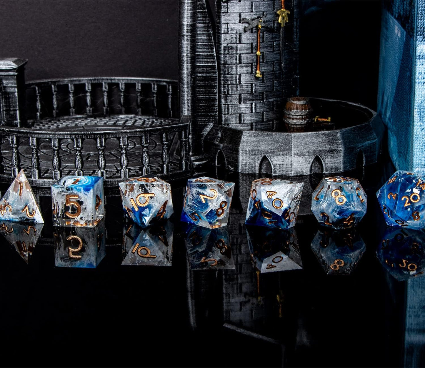 ARUOHHA Blue DND Resin Dice Set 7PCS Translucent Handmade RPG Polyhedral Sharp Edge Dice Set with Gift Box, Glitter Inclusions D and D Dice D20 D12 D10 D8 D6 D4