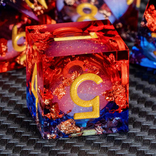 ARUOHHA Liquid Core DND Dice Set, 7pcs Resin Sharp Edged Dragons Dice Compatible with D&D Role Playing Games, RPG Golden Numbers Blue Red Dungeons Polyhedral D and D Dice with Gift Box D20 D10 D6