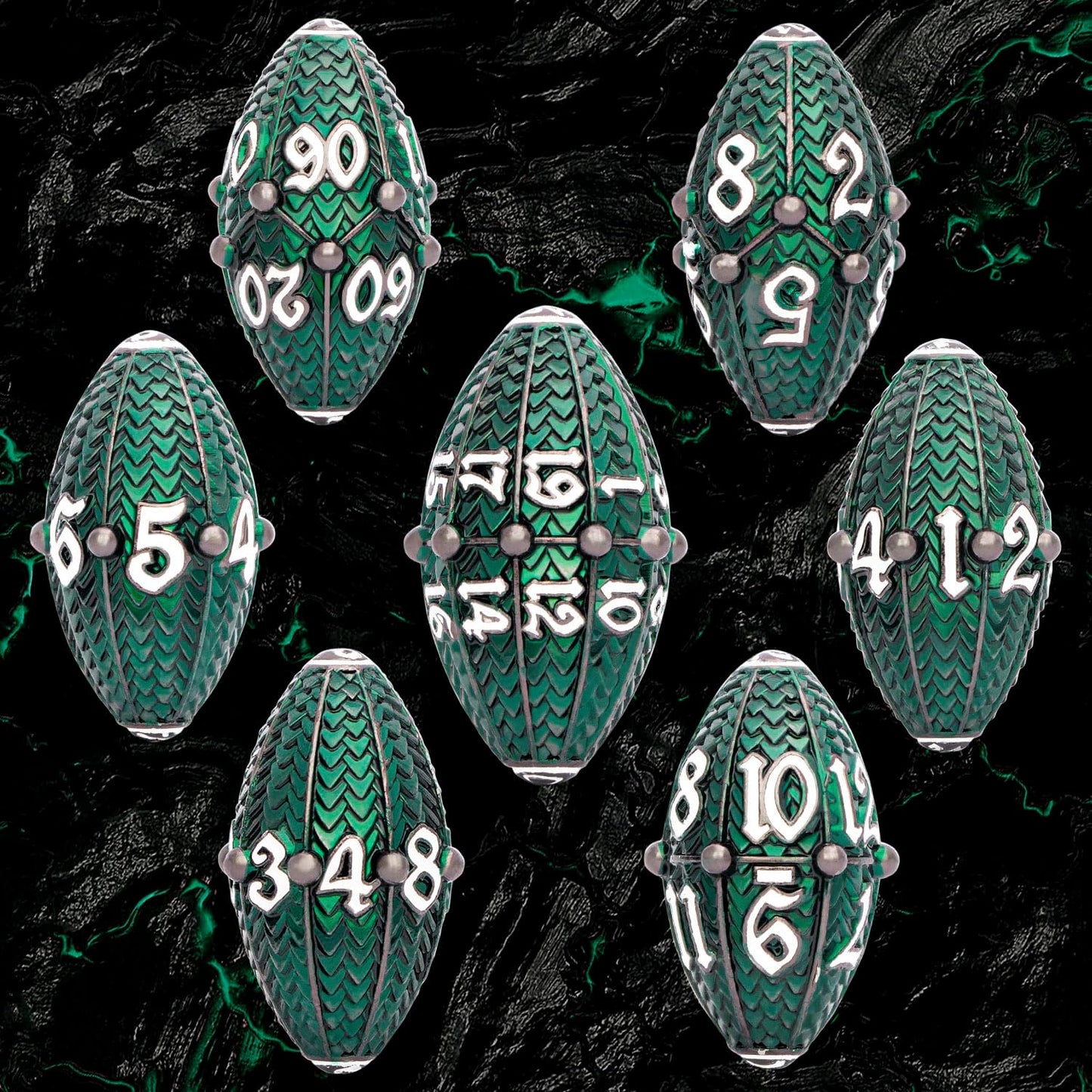 ARUOHHA DND Metal Dice Black Green Dragon Egg Dice with Rotating Dragon Egg Shell, Role Playing Game RPG Polyhedral D and D Dice Set D20 D12 D10 D8 D6 D4