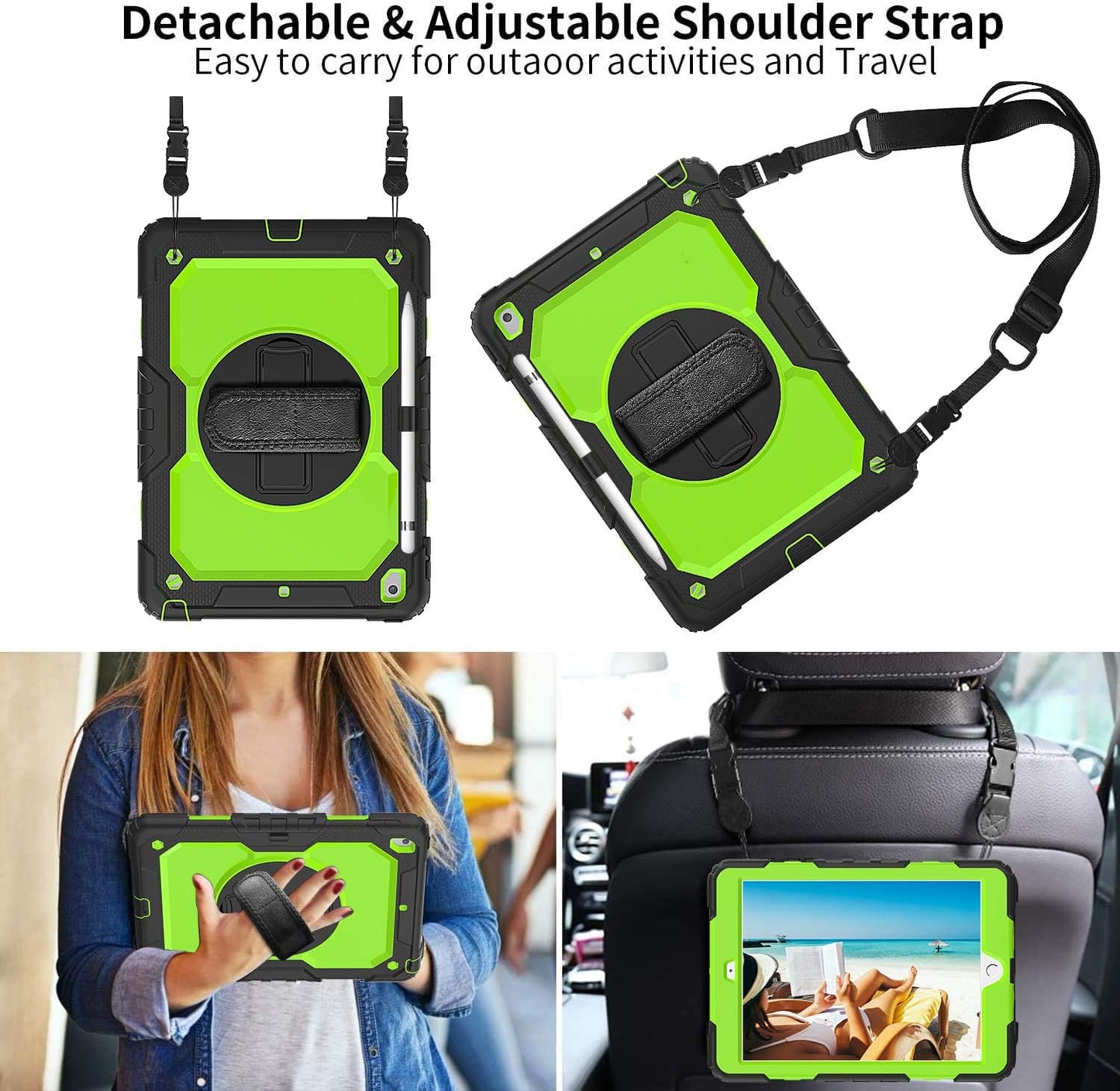 BLOSOMEET Case for iPad 9th/8th/7th Generation 2021/2020/2019 10.2 Inch with Tempered Glass Screen Protector & Pencil Holder,Protective Kids iPad 10.2 Case Cover w/Stand Hand Shoulder Strap,Green