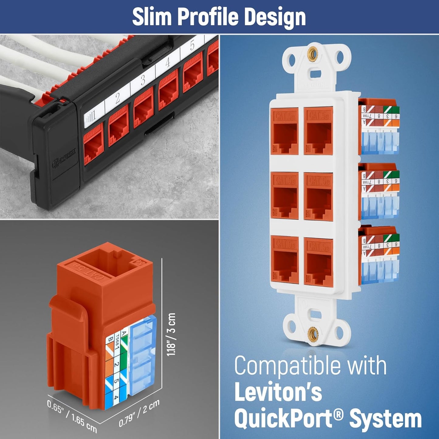 Everest 90° Angled RJ45 Cat5e Keystone Jacks 10-Pack in Orange - Slim Profile Female RJ45 Connectors - Cat 5e Keystone Jack - Compatible with 90° Angled Speed Termination Tool - easyJACK (B094WB91H3)