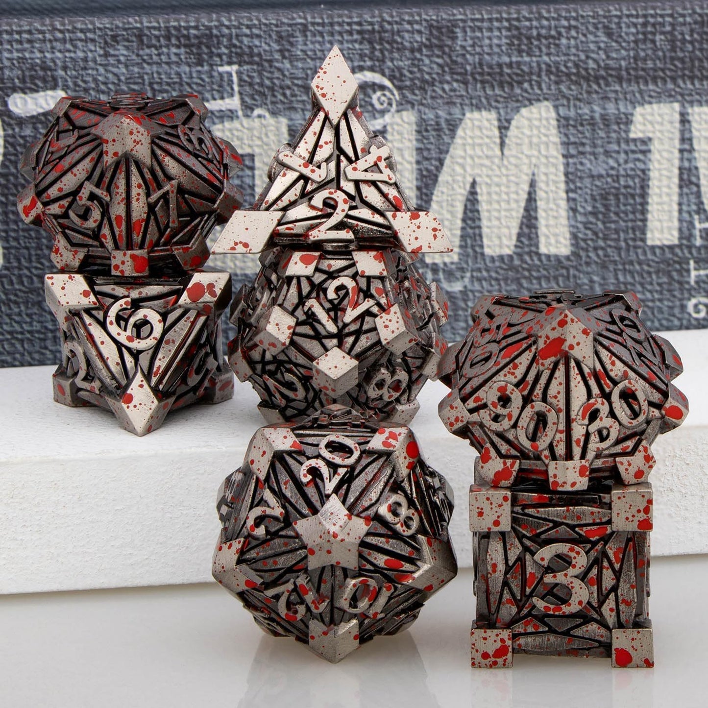 7PCS Metal DND Dice Set with Box, Debris RPG Blood Spatter D and D Dice for use with D&D Tabletop Games Role Playing Game Polyhedral Dice Set D20 D12 D10 D8 D6 D4