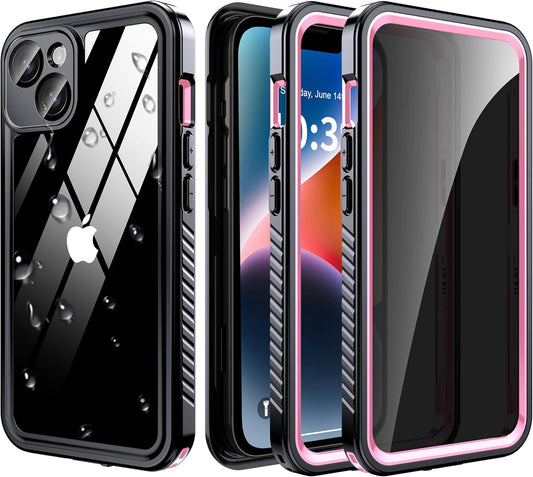 for iPhone 14 Case Waterproof - Built-in Privacy Screen Protector & HD Screen Protector [IP68 Underwater] Shockproof Dustproof Full Body Protection iPhone 14 Phone Case Pink