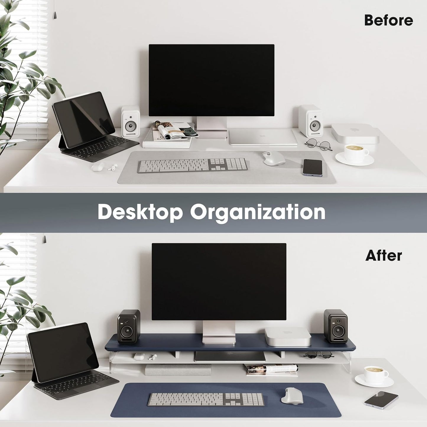 Fenge Acrylic Monitor Stand Riser, 42.5 Inches Dual Monitor Stand with Metal Storage, 2 Tier Acrylic Computer Riser for Desk, Clear Laptop Stand for PC, Laptop, Printer, TV, Blue