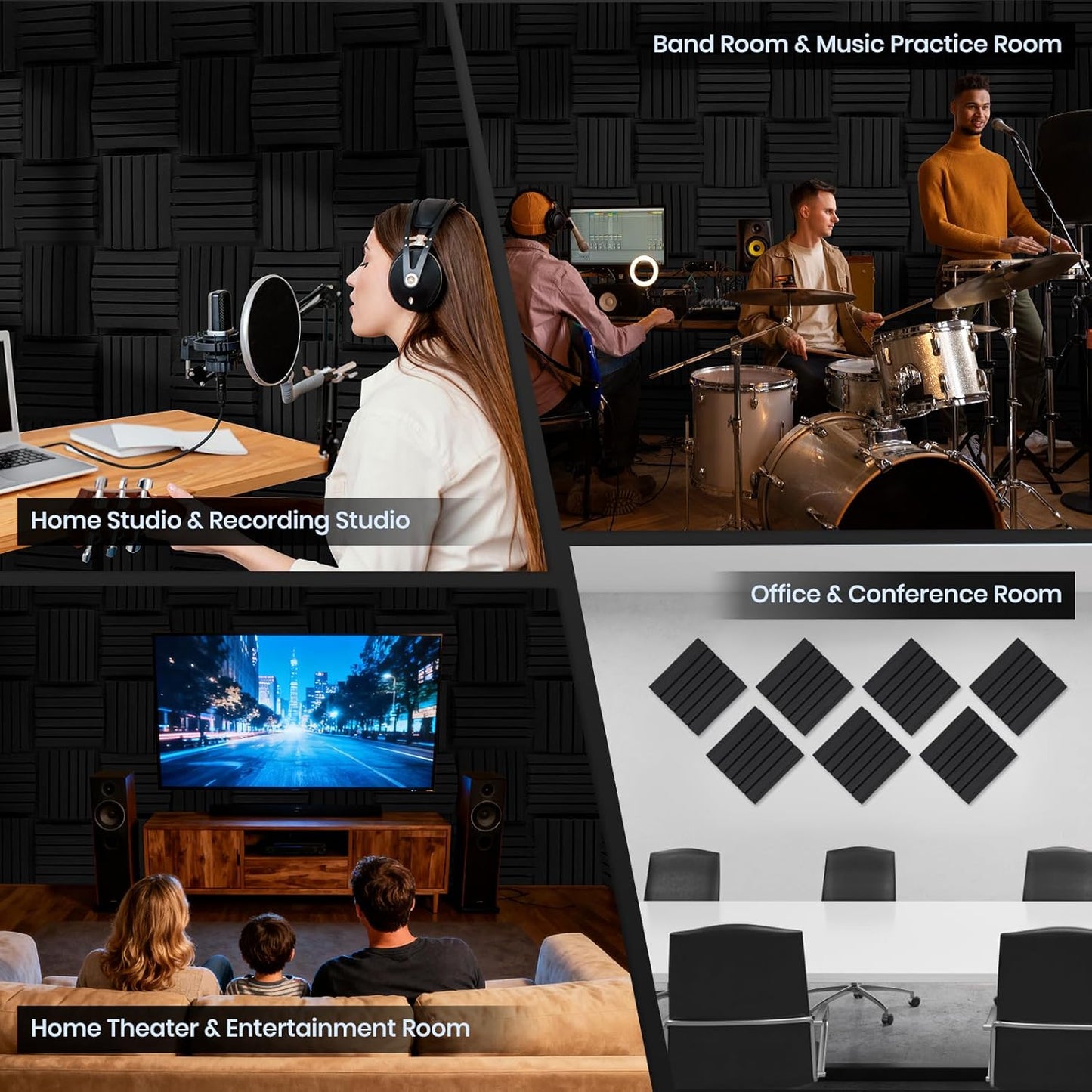 Focusound Sound Proof Foam Panels for Walls 12 Pack – 12x12x3 Inch Acoustic Noise Reducing Wall Panels, Absorbing Soundproofing Foam Dampening Panel Set with 90 PCS Strong Double-Sided Adhesives