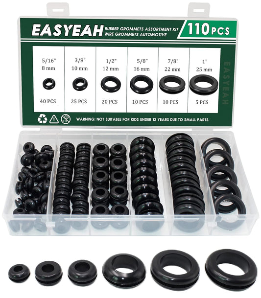 110 Pcs Rubber Grommets for Wiring - Rubber Grommet Assortment Kit 6 Sizes 5/16 3/8 1/2 5/8 7/8 1 Inch, Cable Hole Plug Firewall Automotive Wire Grommets Set for Sheet Metal, Hardware Repair