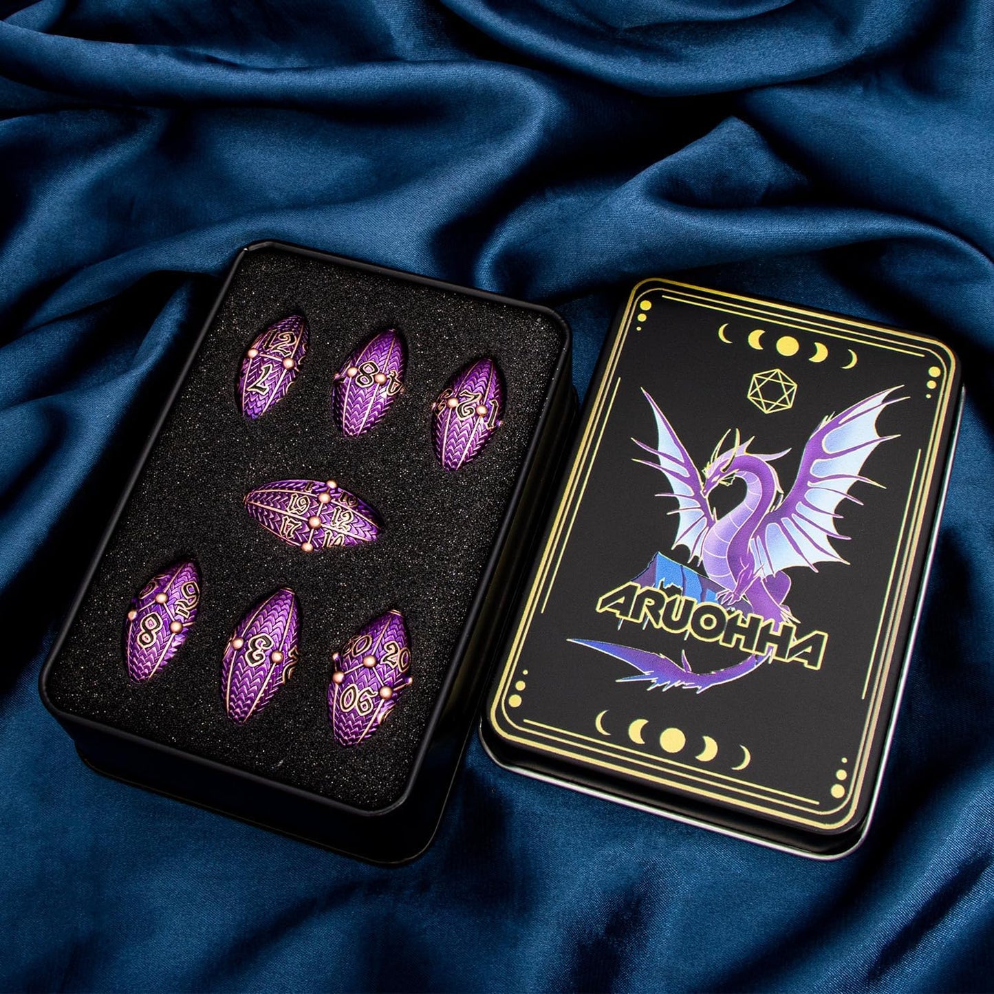 ARUOHHA DND Metal Dice Copper Purple Dragon Egg Dice with Metal Box, Role Playing Game RPG Polyhedral D and D Dice Set D20 D12 D10 D8 D6 D4