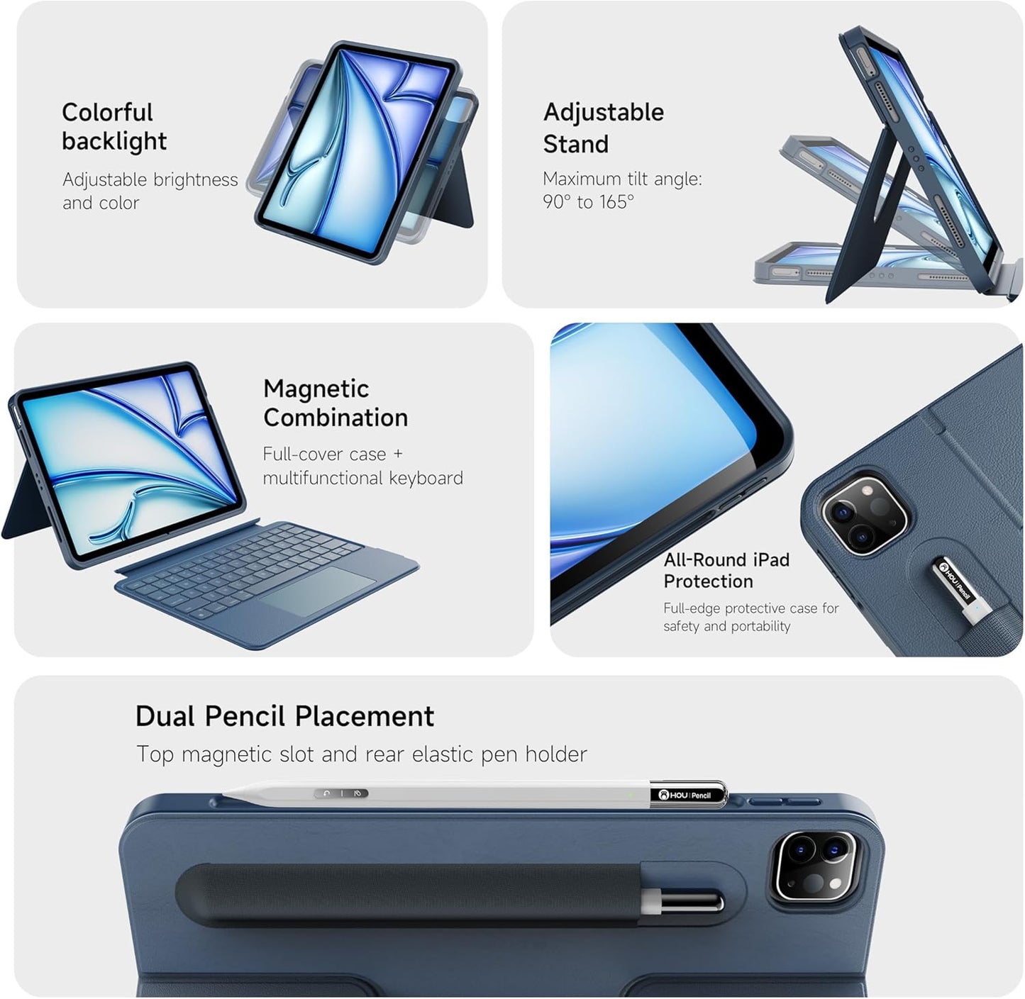 HOU iPad Air 11 Case with Keyboard (M3 2025, M2 2024) Detachable Rotatable Magnetic Full Protection Case, 7-Color Backlight, Touchpad, Elastic Pen Holder for iPad Pro 11 (4th-1st) & Air (5/4th)–Blue