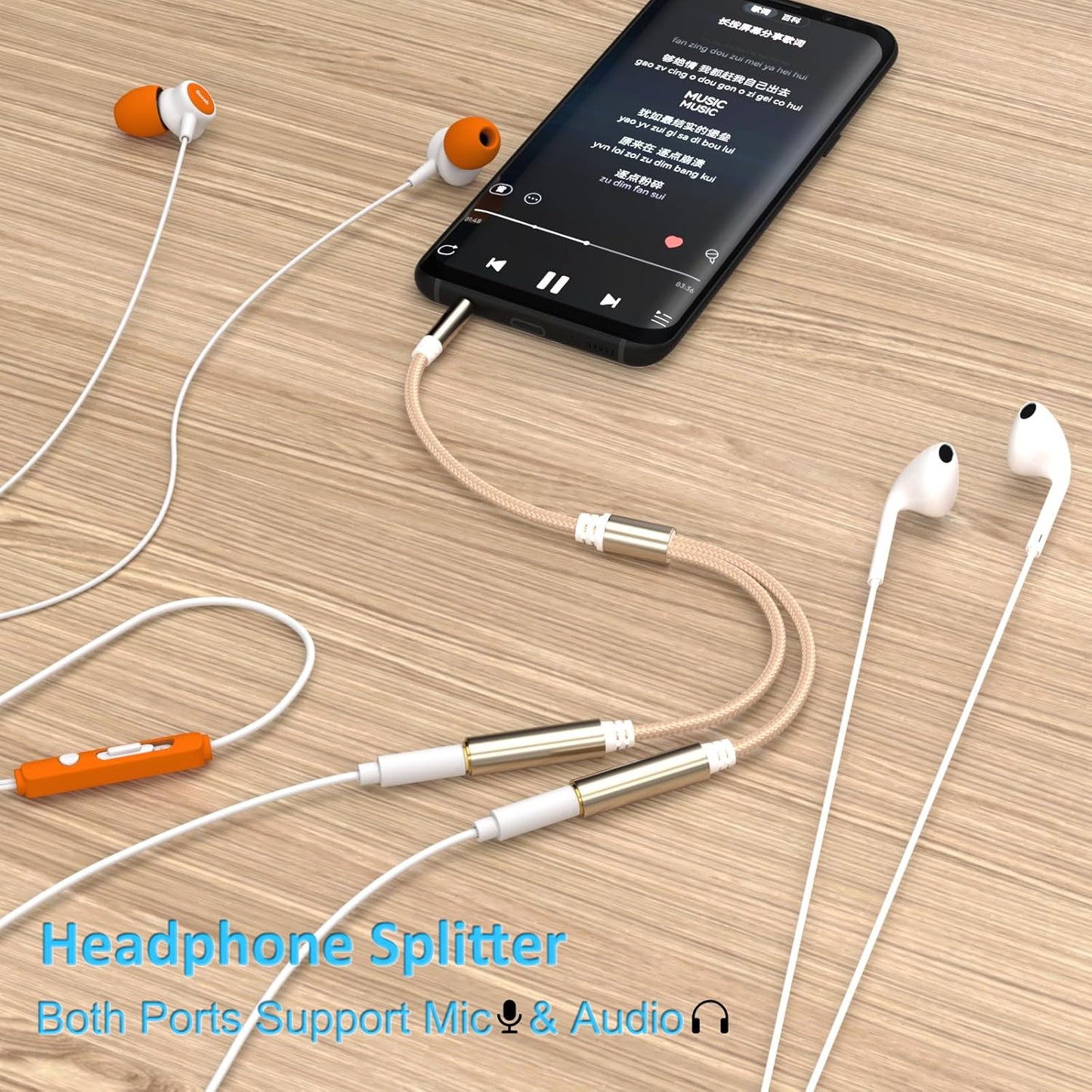 3.5mm TRRS Splitter for 2 Headphones 1FT 2-Pack, Audio & Mic, 3.5 mm Aux Jack Cable 1 in 2 out, Dual 1/8" Stereo Female Adapter, Double Headset Split Y Cord 2 Way for Phone/Tablet/Laptop/PC/MP3, Gold