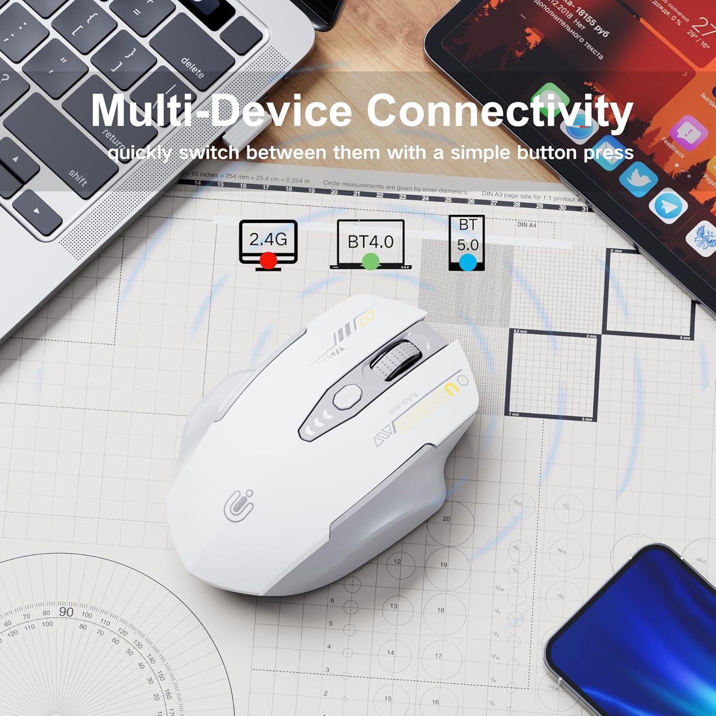 Bluetooth Mouse - Multi-Device Wireless, Upgraded Tri-Mode (BT 5.0/4.0+2.4G Hz) Rechargeable Ergonomic Mouse, 4 Adjustable DPI, Coldless for Laptop and PC