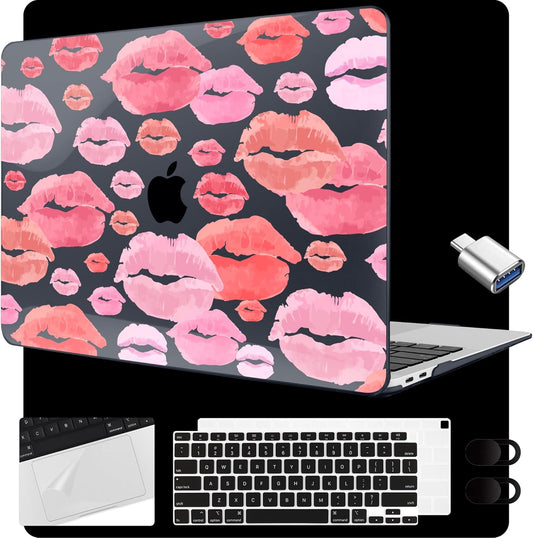 MEEgoodo for MacBook Air 13.3 inch Case 2021 2020 2019 2018 A2337 M1 A2179 A1932, Laptop Shell for MacBook Air M1 with Keyboard Webcam Cover & Trackpad Film & Type C Adapter,Red & Pink Lips