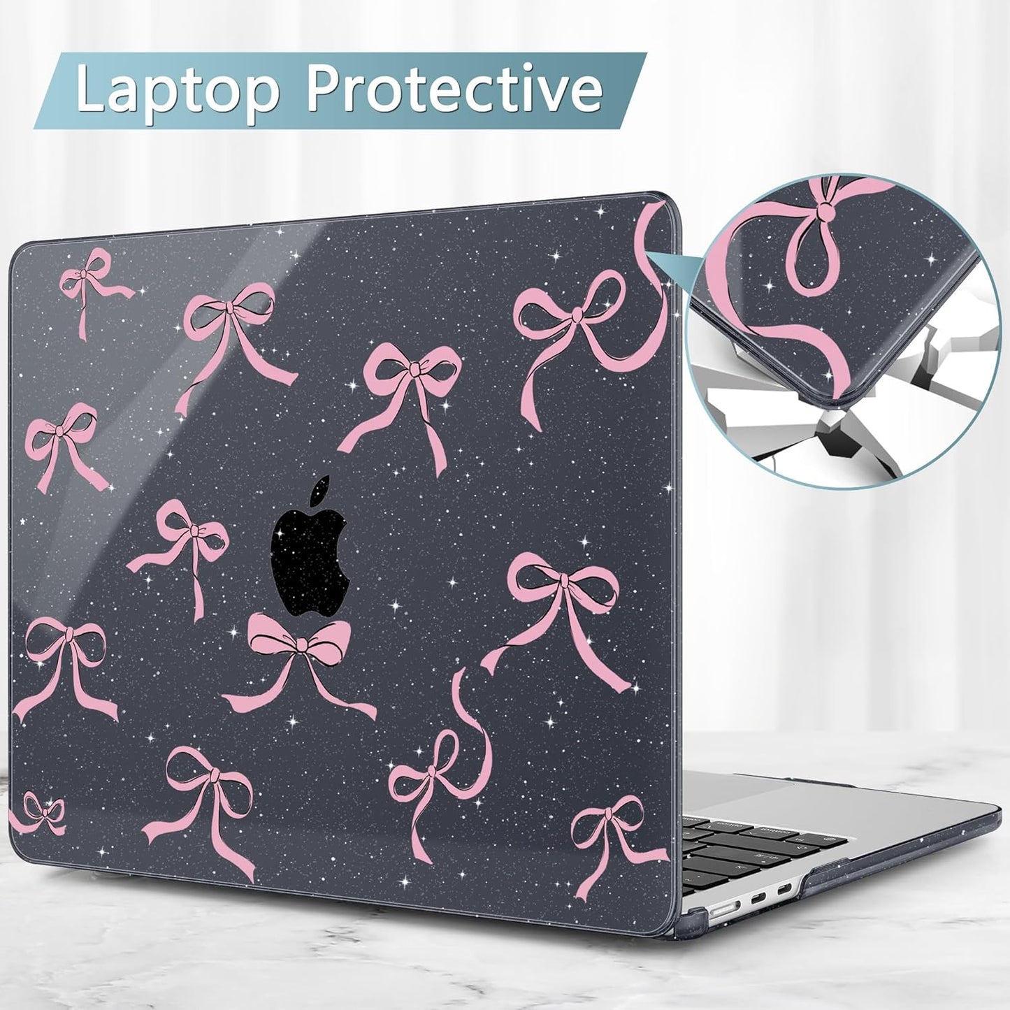 May Chen for MacBook Air 13.6 inch Case A3240 M4 A3113 M3 A2681 M2 with Retina Dispaly, 2025 2024 2023 2022 Release, Plastic Hard Shell Case with Screen Protector & Keyboard Cover, Black Glitter Bow