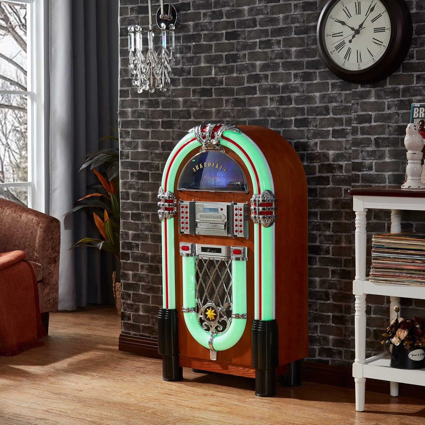 Arkrocket Taurus II Mid-Size Jukebox Entertainment Center Bluetooth Vinyl Record Player Turntable CD Player Radio SD USB Player (Maple)…