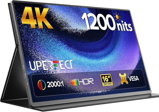 UPERFECT Portable Monitor 4K 16" | 1200 Nits Laptop Monitor | 3840 * 2400 UHD | 1MS FreeSync 2000:1 Contrast | USB-C & HDMI | VESA & Smart Case | Travel Screen for Computer, Mini PC, Game Consoles