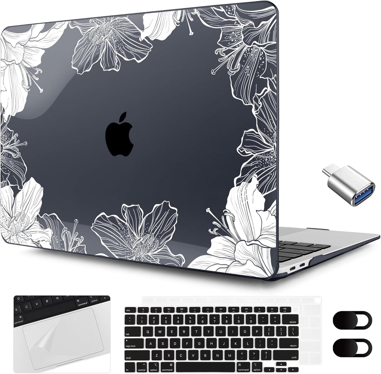 MEEgoodo for MacBook Air 13.3 inch Case 2021 2020 2019 2018 A2337 M1 A2179 A1932, Laptop Shell for MacBook Air M1 with Keyboard Webcam Cover & Trackpad Film & Type C Adapter,Lily Floral