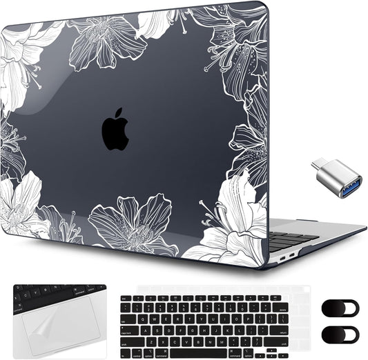 MEEgoodo for MacBook Air 13.3 inch Case 2021 2020 2019 2018 A2337 M1 A2179 A1932, Laptop Shell for MacBook Air M1 with Keyboard Webcam Cover & Trackpad Film & Type C Adapter,Lily Floral