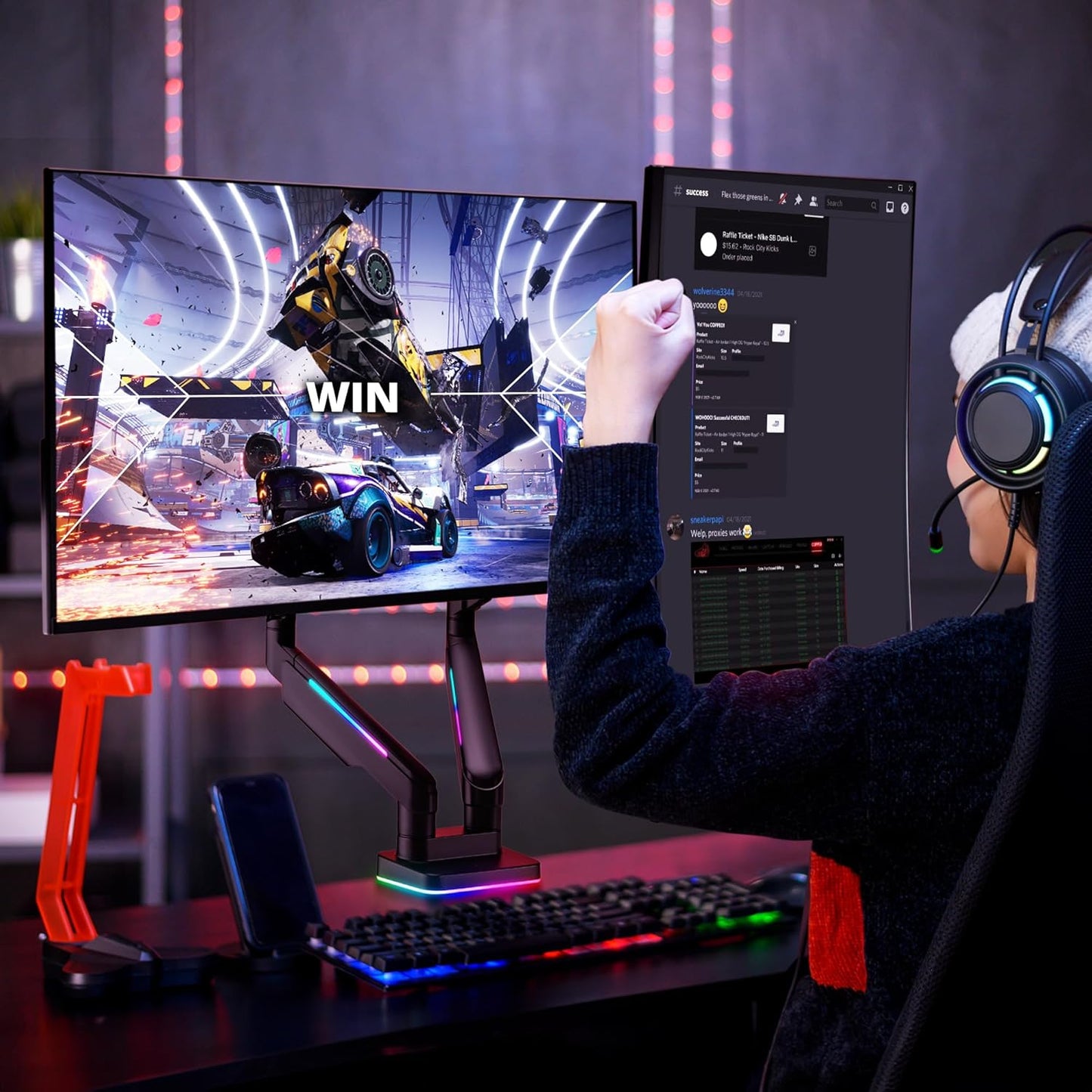 AVLT RGB Lights Dual 17”-43” Gaming Monitor Arm Desk Mount, Fits Two Flat/Curved/Ultrawide Screen up to 44lbs(20kg), Height Swivel Tilt Adjustable Stand - Black