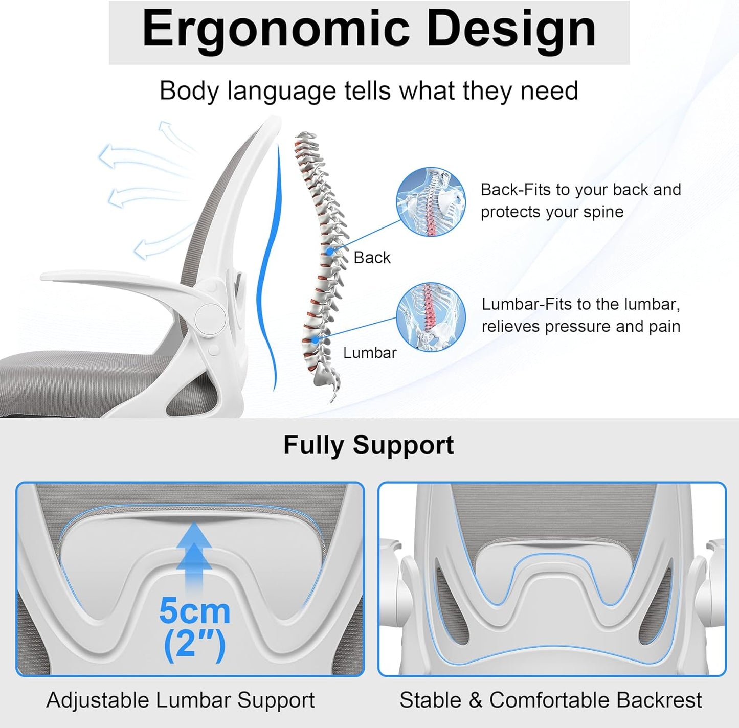 Drafting Chair Tall Office Chair with Flip-up Armrests, Adjustable Height, and Enhanced Lumbar Support - Ergonomic Rolling Stool, Back Support, and Adjustable Foot Rest Ring for Standing Desk Gray