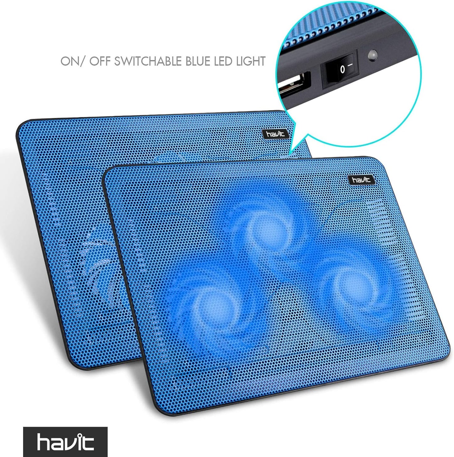 Havit HV-F2056 15.6-17 Inch Laptop Cooler Cooling Pad - Slim Portable USB Powered (3 Fans) (Blue)