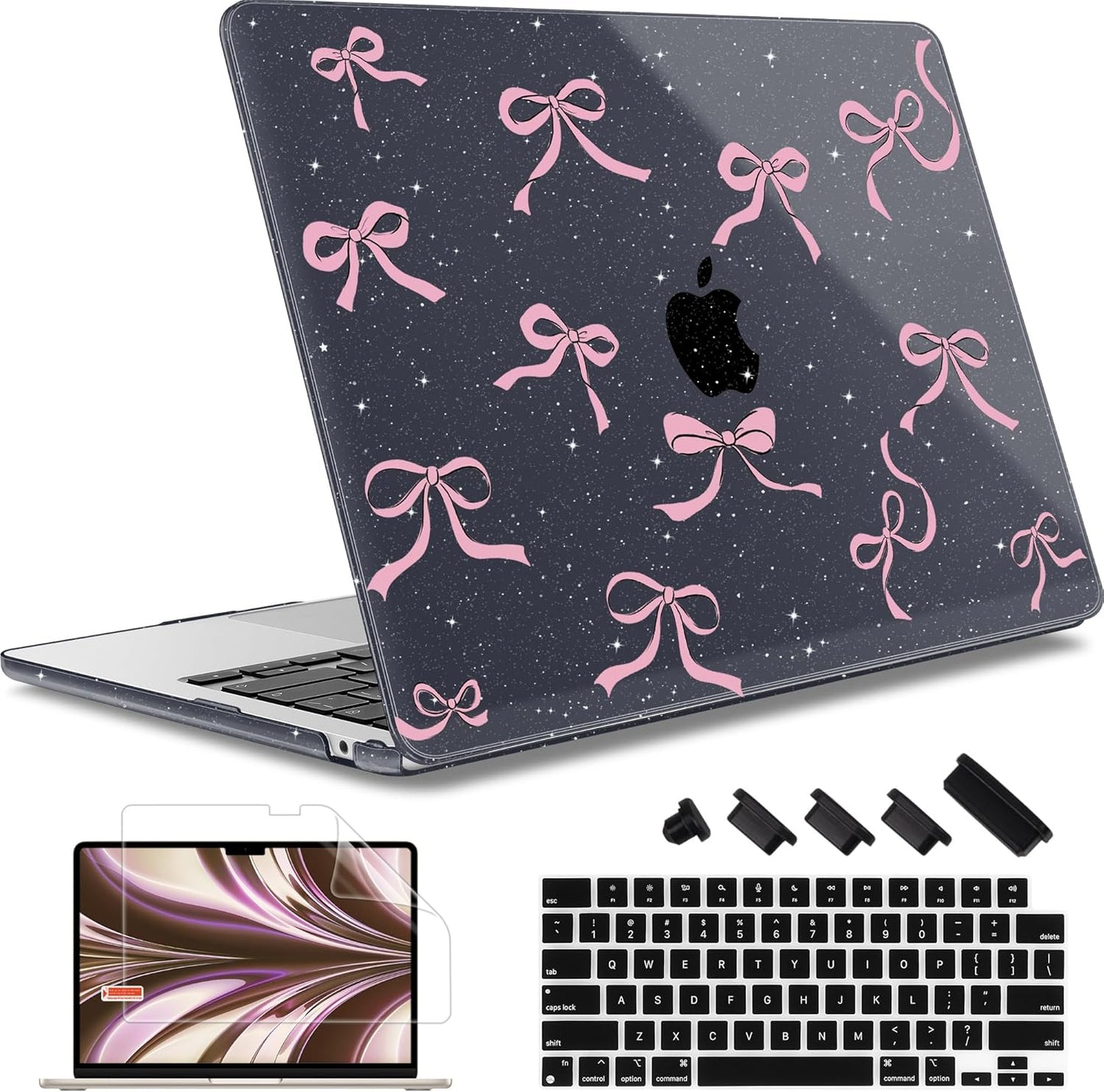 May Chen for MacBook Air 13.6 inch Case A3240 M4 A3113 M3 A2681 M2 with Retina Dispaly, 2025 2024 2023 2022 Release, Plastic Hard Shell Case with Screen Protector & Keyboard Cover, Black Glitter Bow