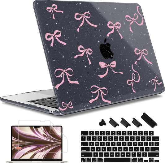 May Chen for MacBook Air 13.6 inch Case A3240 M4 A3113 M3 A2681 M2 with Retina Dispaly, 2025 2024 2023 2022 Release, Plastic Hard Shell Case with Screen Protector & Keyboard Cover, Black Glitter Bow