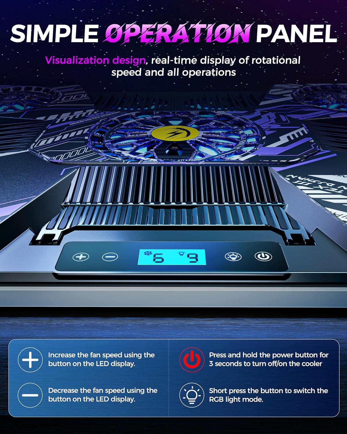 ChillCore Laptop Cooling Pad, RGB Laptop Fan Cooling Pad 9 Fans for 15.6-19.3 Inch Laptops, Gaming Laptop Cooler with 8 Height Stands, 2 USB Ports - A21 Pattern