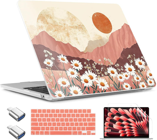 TWOLSKOO Compatible with M4 MacBook Air 13.6 inch Case 2025-2022 Release M4 A3240 M3 A3113 M2 A2681, Plastic Hard Shell & Keyboard Cover & Type C Adapter & Screen Protector, Mountains & Daisies