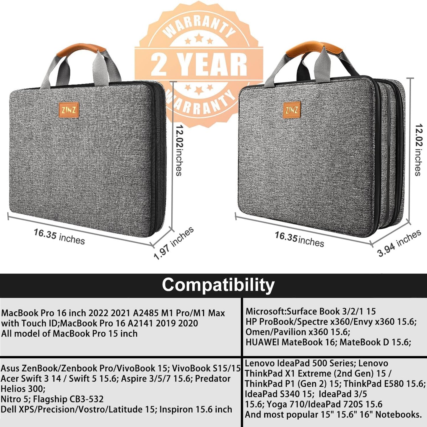 ZINZ Slim Expandable Laptop Case 15.6 Inch Sleeve Upgraded Protective Durable Recycled Carrying Case Compatible with MacBook 15" & 16" and Most 15" 15.6" 16" Notebook,D01G03