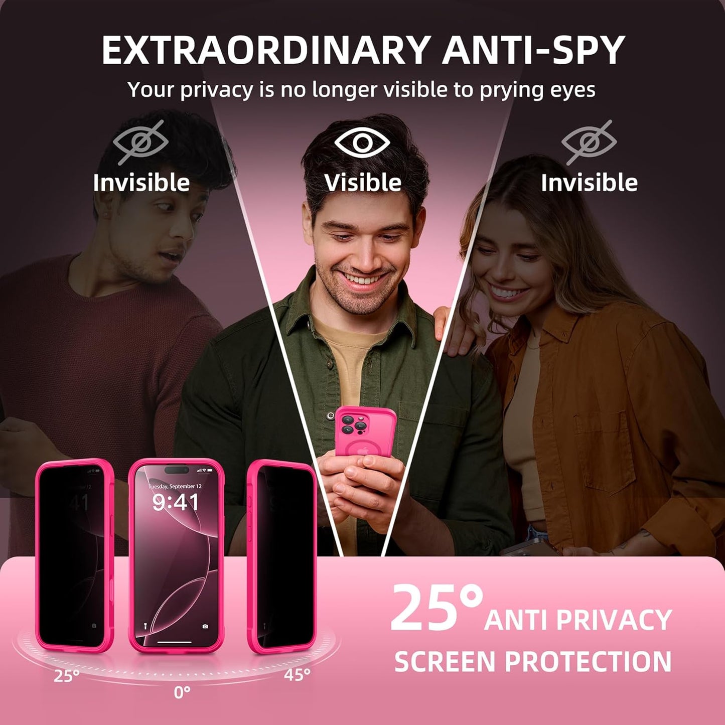 BERFY Magnetic for iPhone 16 Pro Max Case, Compatible with MagSafe, Built-in Privacy Screen Protector and Upgraded Camera Protection, Anti-Spy Full Body Shockproof Phone case for 16 Pro Max, Hot Pink