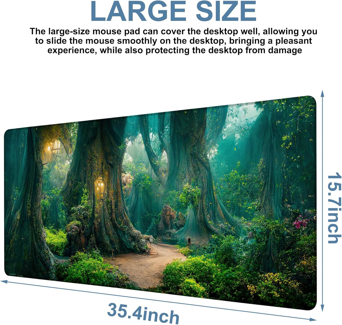 Gaming Desk Pad Large Extra Length Mysterious Forest Mouse Pad Keyboard Laptop Non-Slip Waterproof with Rubber Base Thick Stitched Edge Mouse Mat for Office Home 35.4 x 15.7 Inches