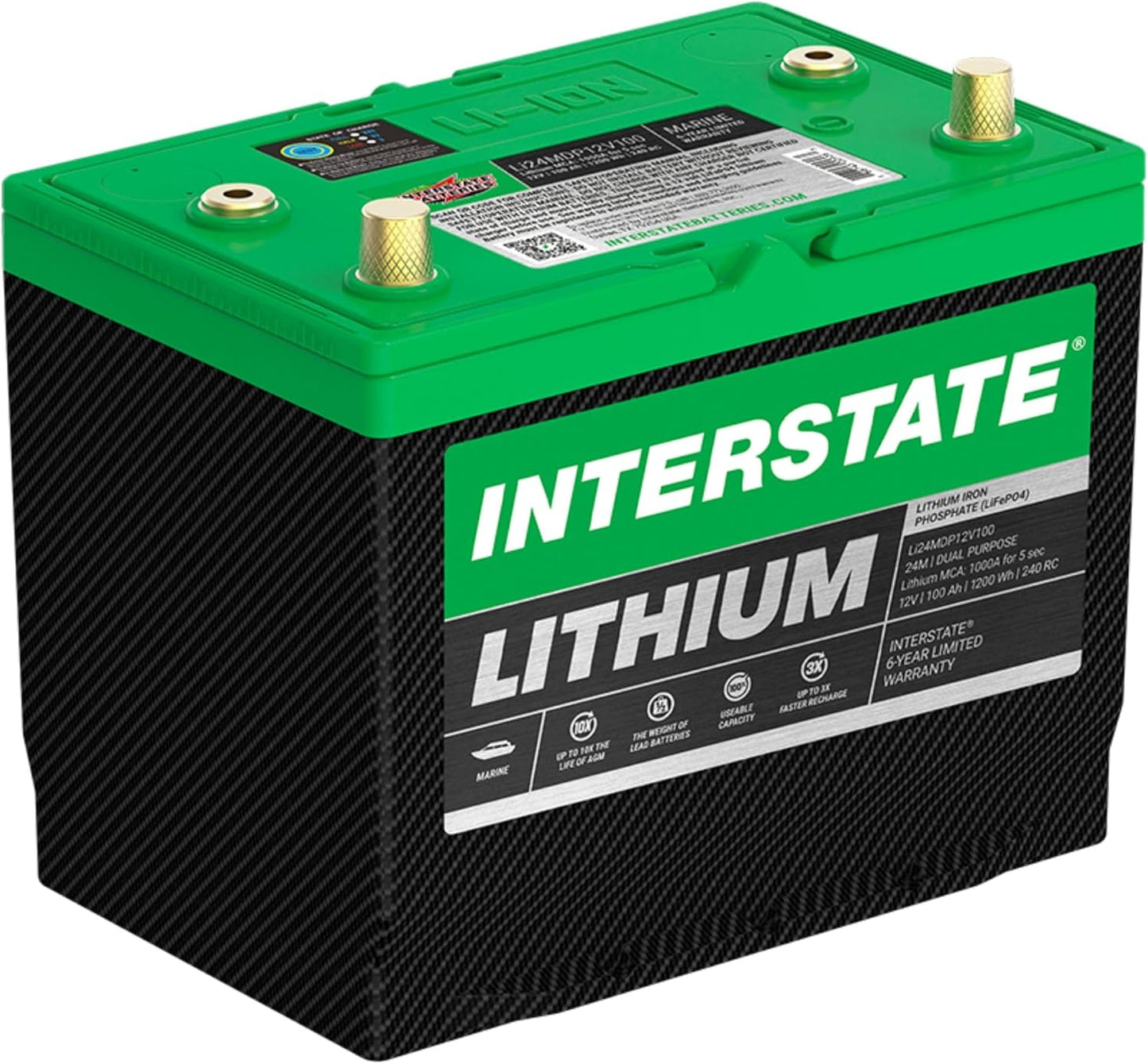 Interstate Batteries 12V 100Ah Group Size 24M Lithium Marine Dual Purpose Deep Cycle LiFePO4 Battery, Maintenance Free, Lightweight, Ideal For Boats with 1,000 Marine Cranking Amps (Li24MDP12V100)