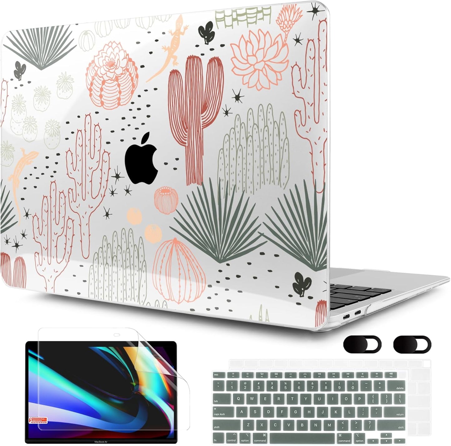 MEEgoodo for MacBook Air 13 inch Case 2021 2020 2019 2018 Released A2337 M1 A2179 A1932 with Touch ID, Plastic Hard Shell & Keyboard Cover Compatible with MacBook Air Case 13.3, Cacti