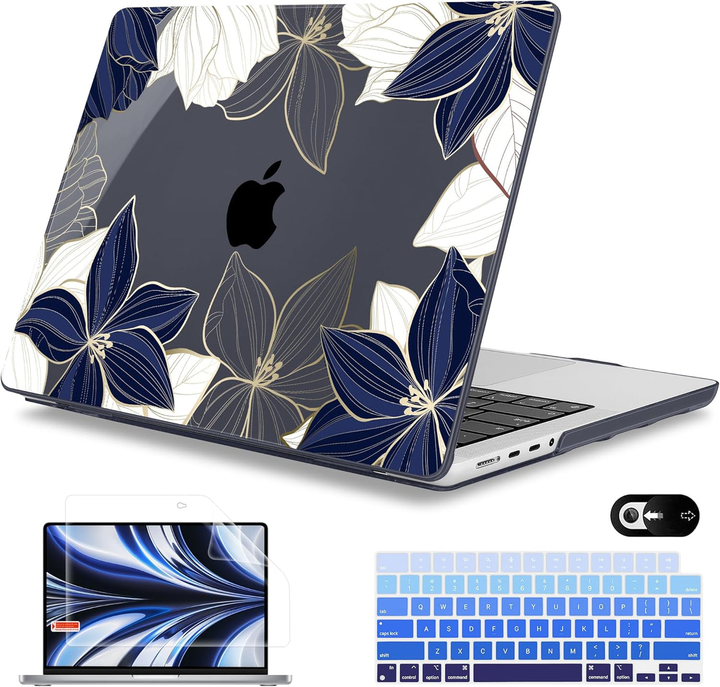 Mektron Case for MacBook Pro 16" M4 A3403 A3186 M3 A2991 M2 A2780 M1 A2485 (2021/2023/2024) Pro/Max with Touch ID, Hard Shell Plastic Laptop Cover Keyboard Cover Screen Protector, Gold line Lily