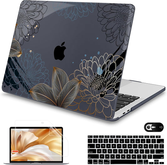 Mektron for MacBook Air 13 Case A1466/A1369 (2010-2017 Release), Snap-on Plastic Hard Shell Cover for MacBook Air 13.3 inch with Keyboard Cover, Line Chrysanthemums