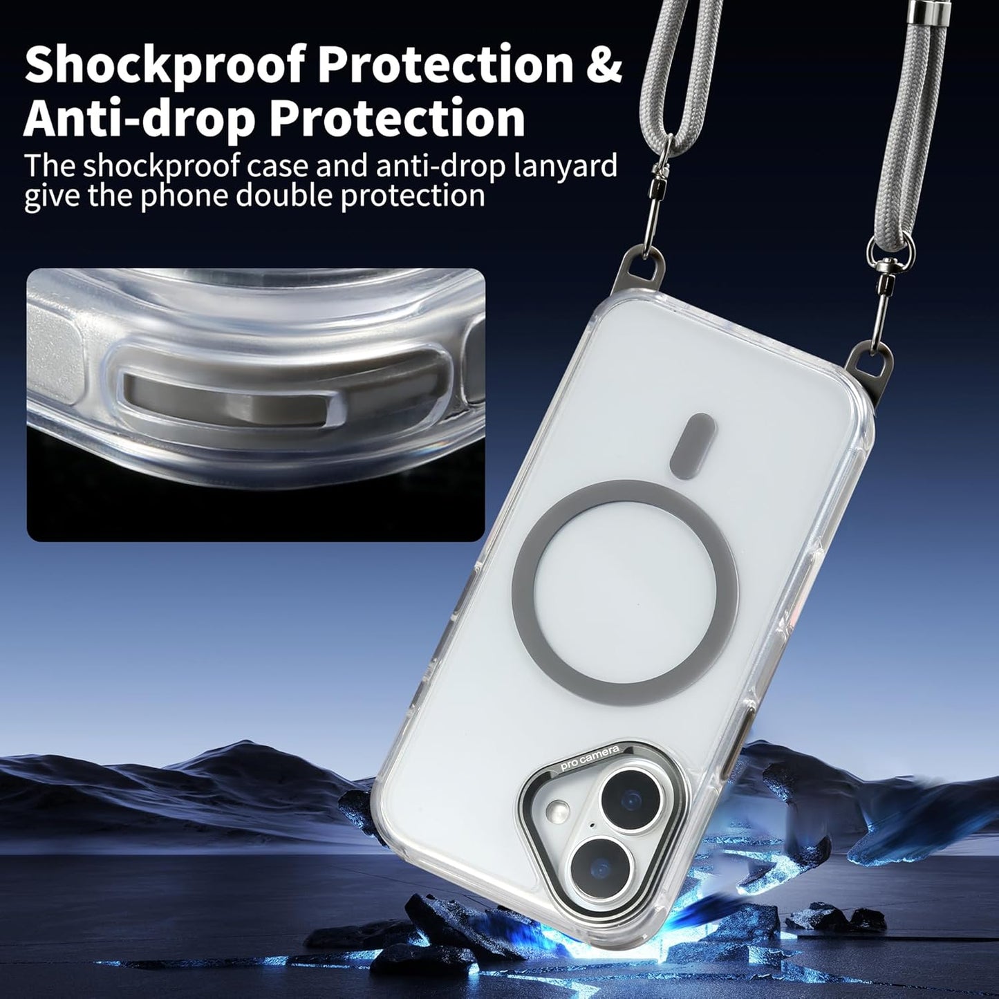 for iPhone 16 Case with 62.99 inch Lanyard, Classic Clear&Gray Magnetic Phone Case, Drop&Shockproof Protection Cases, Phone Lanyard for Around The Neck, Compatible with Magnet Accessory