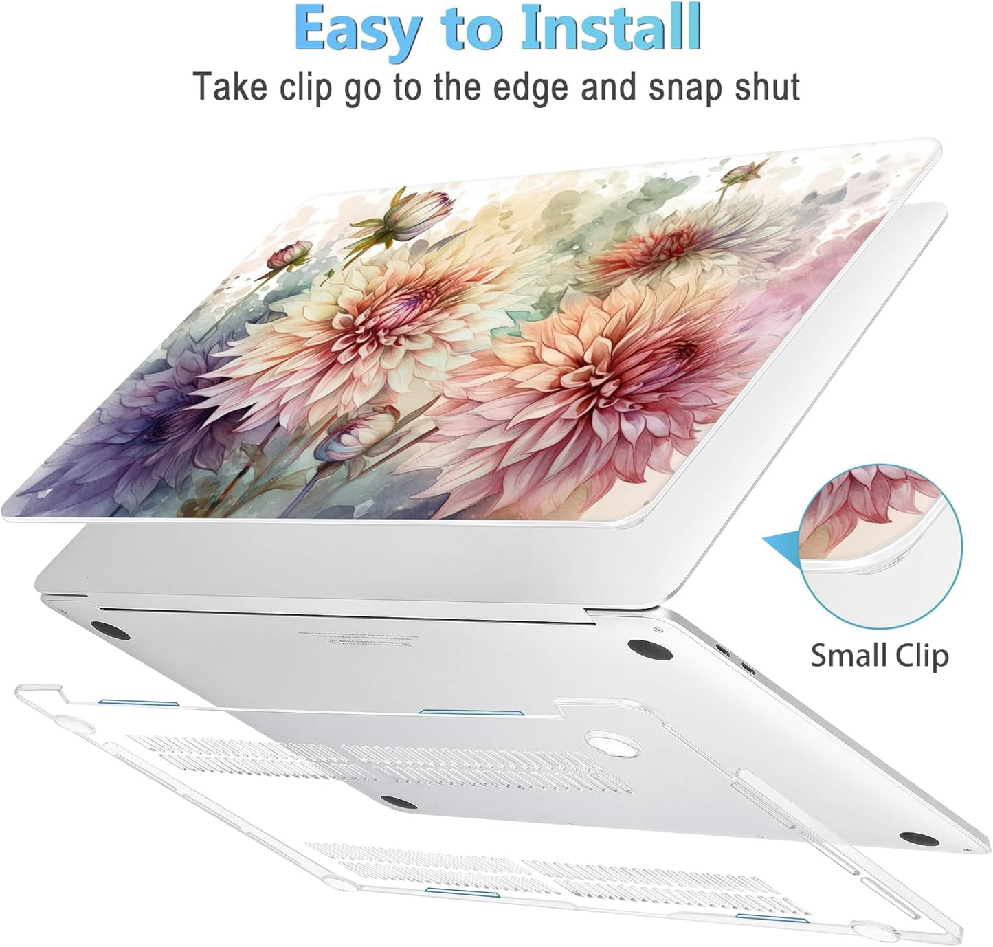 Mektron for MacBook Pro 13-inch Case 2022 2021 2020 Release A2338 M2 M1 A2289 A2251, Printed Plastic Hard Shell Cover for New MacBook Pro 13.3-inch Touch Bar Fits Touch ID, Watercolor Dahlias