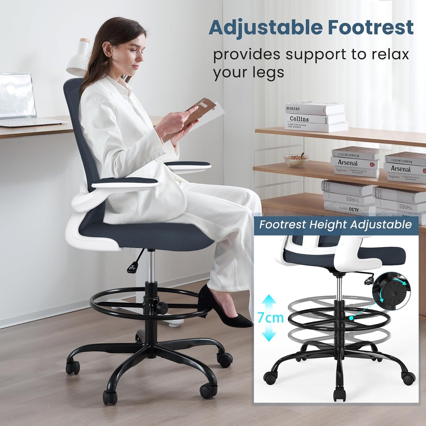 Drafting Chair, Tall Office Chair with Flip-up Armrests Executive Ergonomic Computer Standing Desk Chair, Office Drafting Chair with Lumbar Support and Adjustable Footrest Ring