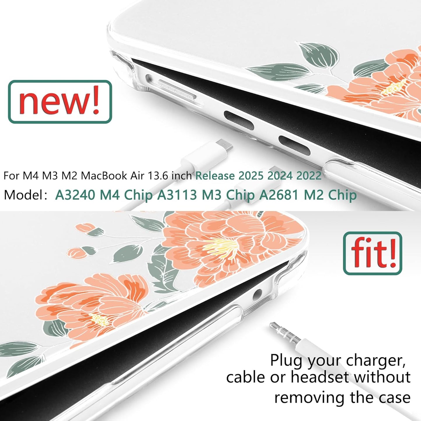 TWOLSKOO Compatible with M4 MacBook Air 13.6 inch Case 2025-2022 Release M4 A3240 M3 A3113 M2 A2681, Plastic Hard Shell & Keyboard Cover & Type C Adapter & Screen Protector, Vintage Roses