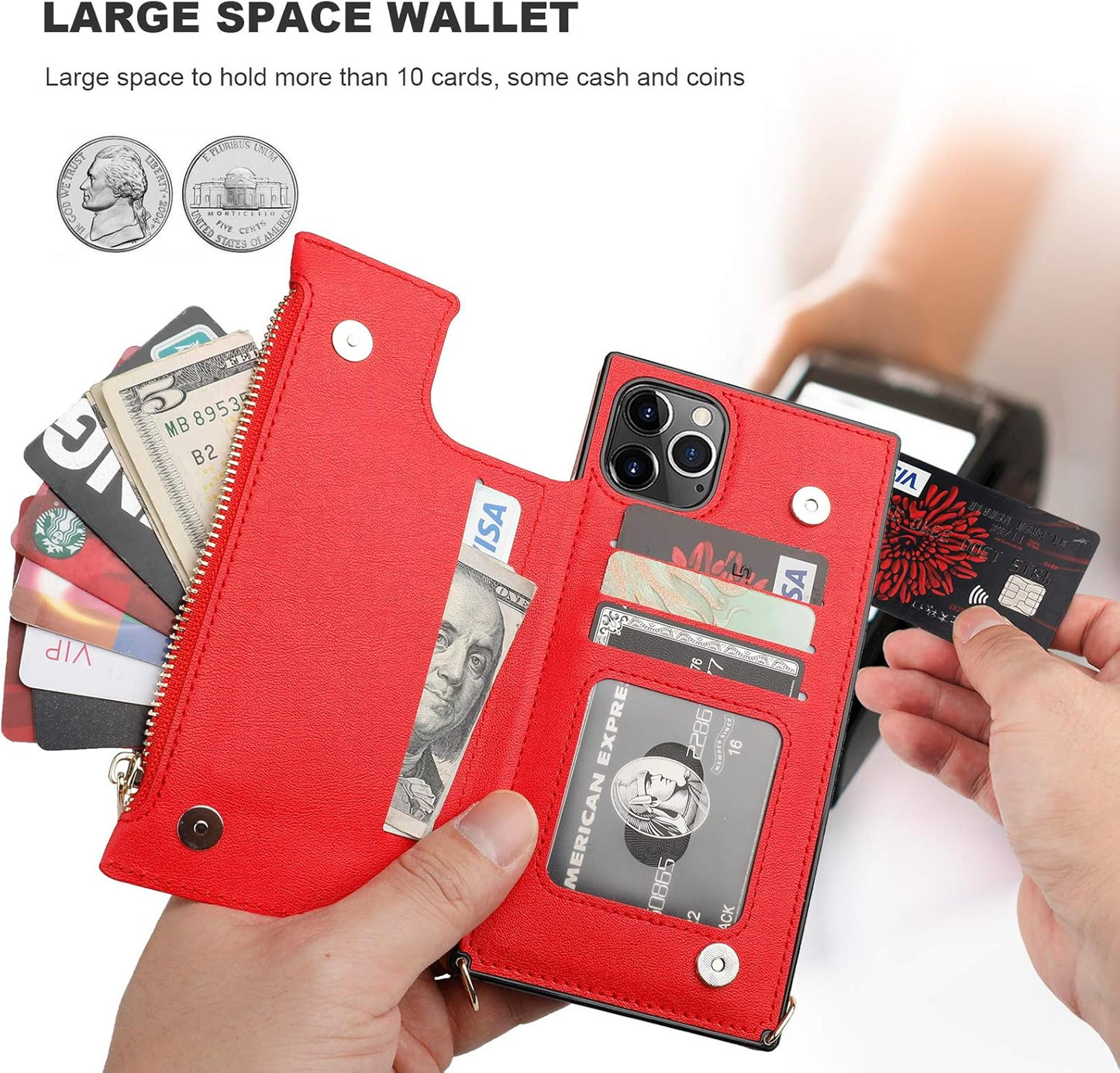 Bocasal Crossbody Wallet Case for iPhone 11 Pro Max with Card Holder,Zipper Card Slot Protector Shockproof Purse Cover with Removable Cross Body Strap 6.5 Inch(Red)