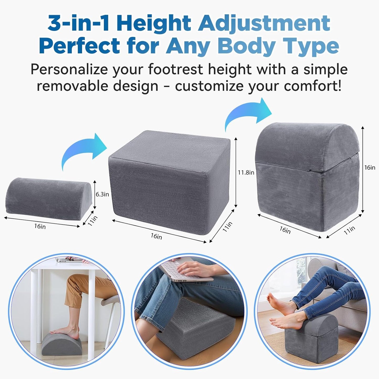 Adjustable Foot Rest for Under Desk - 3-in-1 Ergonomic Foot Stool with Zipper Connection, Height Adjustable for Office, Home & Gaming (Gray)