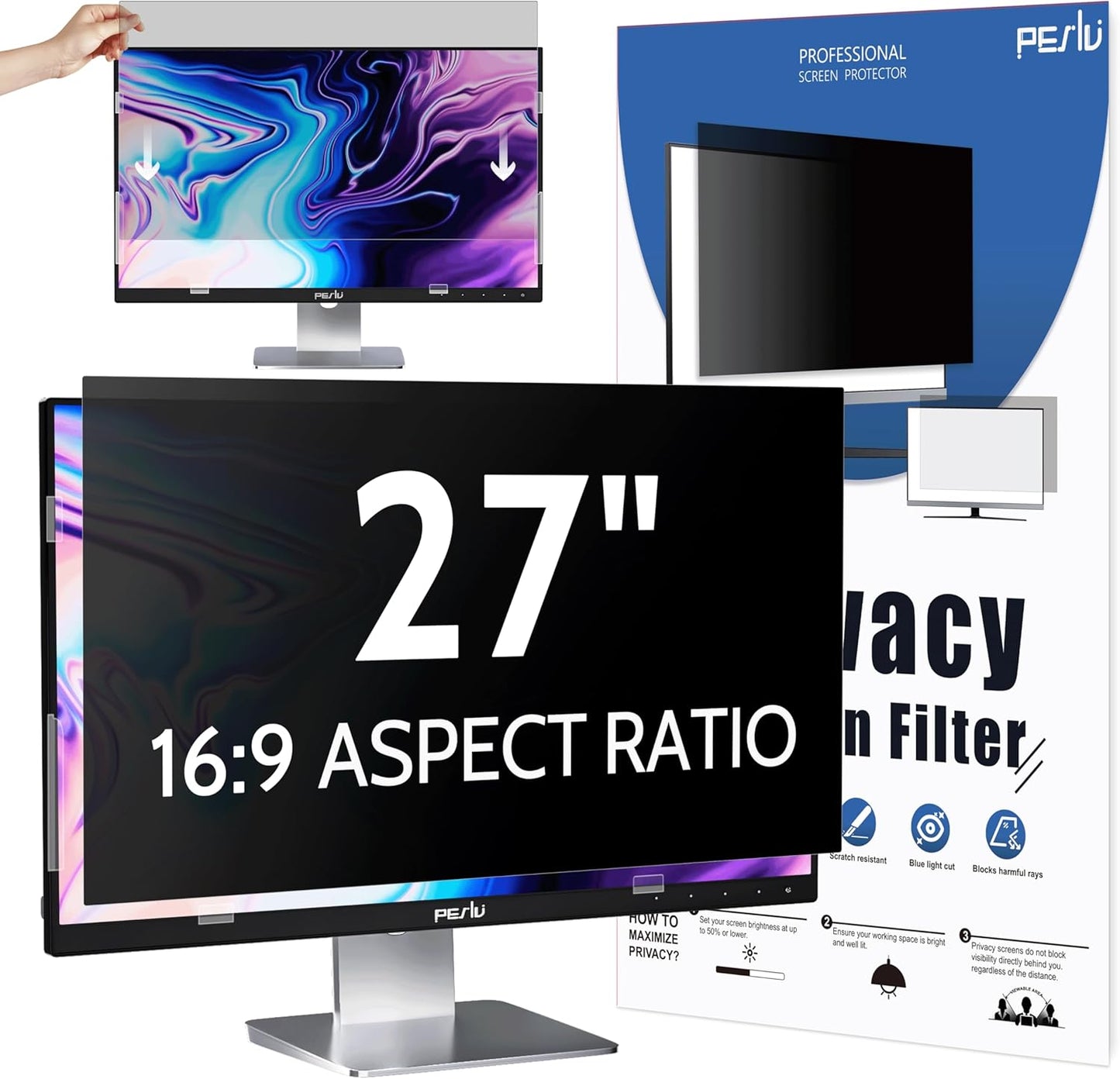 Computer Privacy Screen 27 Inch for 16:9 Widescreen Monitor, Removable 27inch Anti Blue Light Anti Glare Monitor Privacy Filter Shield (23 9/16" x 13 1/4")