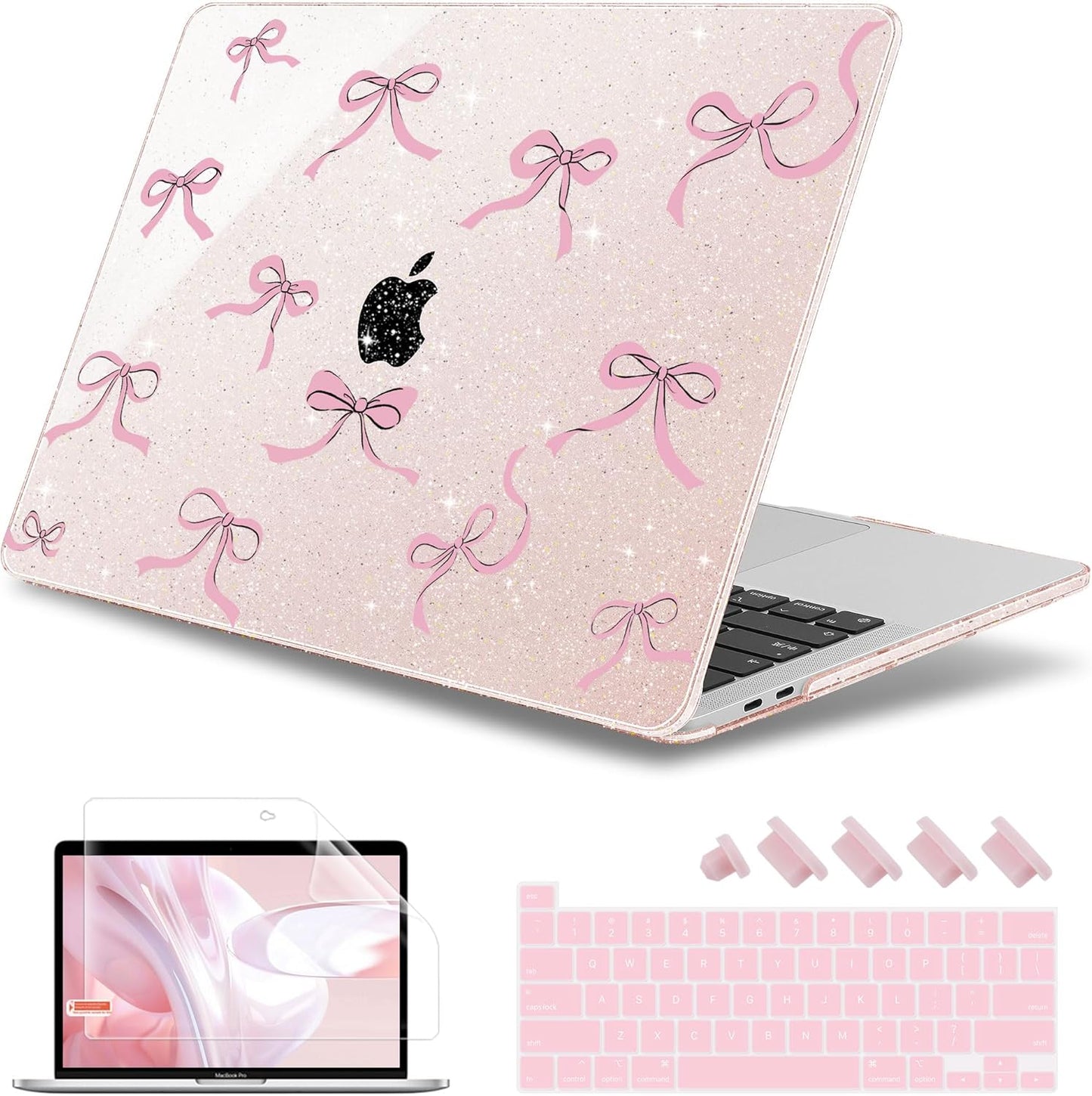 May Chen Case for MacBook Pro 13 inch M2 2023,2022,2021,2020 A2338 M1 A2251 A2289, Plastic Hard Shell Case for MacBook Pro 13" with Touch Bar Fits Touch ID, Sakura Pink Glitter Bow