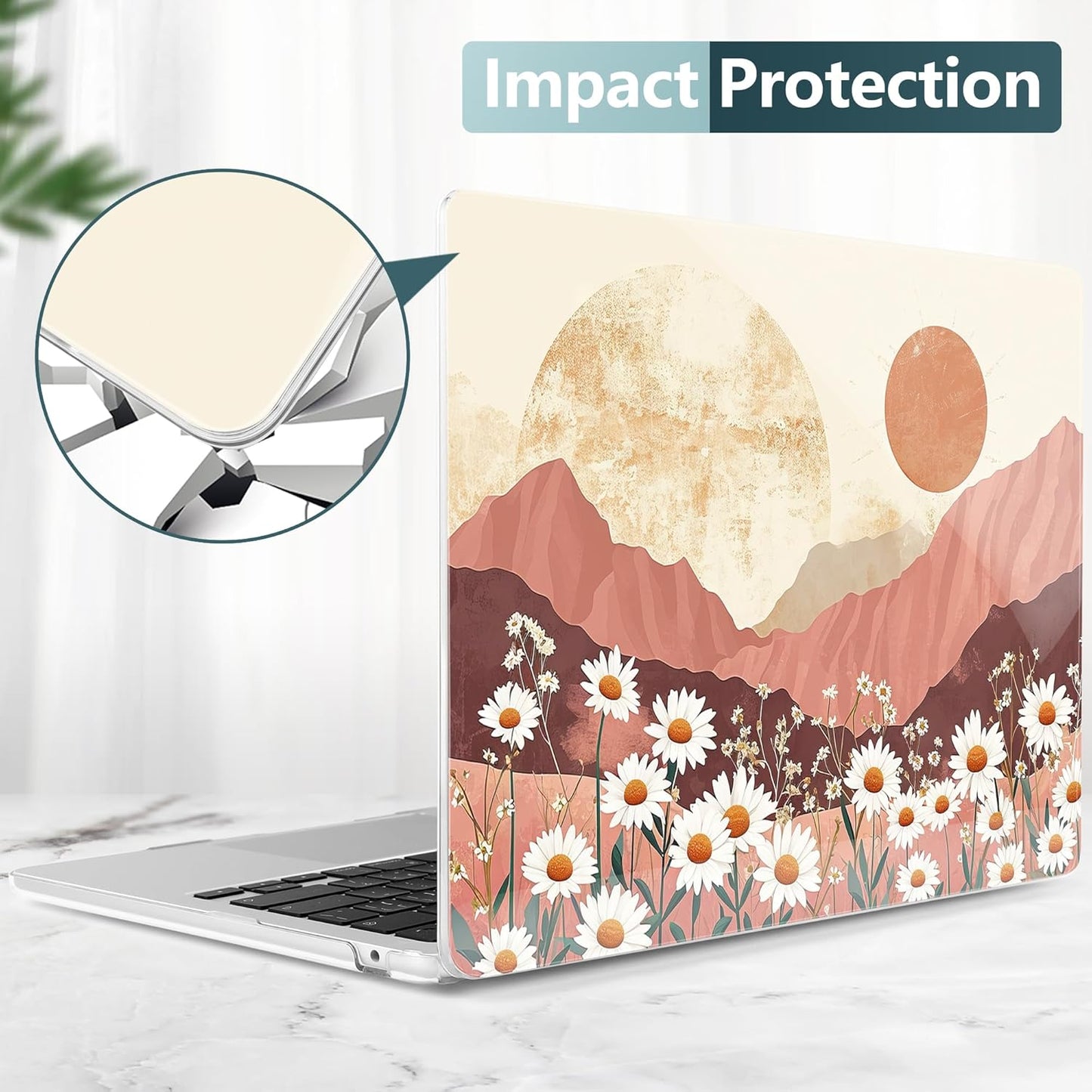 TWOLSKOO Compatible with M4 MacBook Air 15 inch Case 2025-2023 Released Model M4 A3241 M3 A3114 M2 A2941, Plastic Hard Shell & Screen Protector & Keyboard Cover & Type C Adapter, Mountains & Daisies
