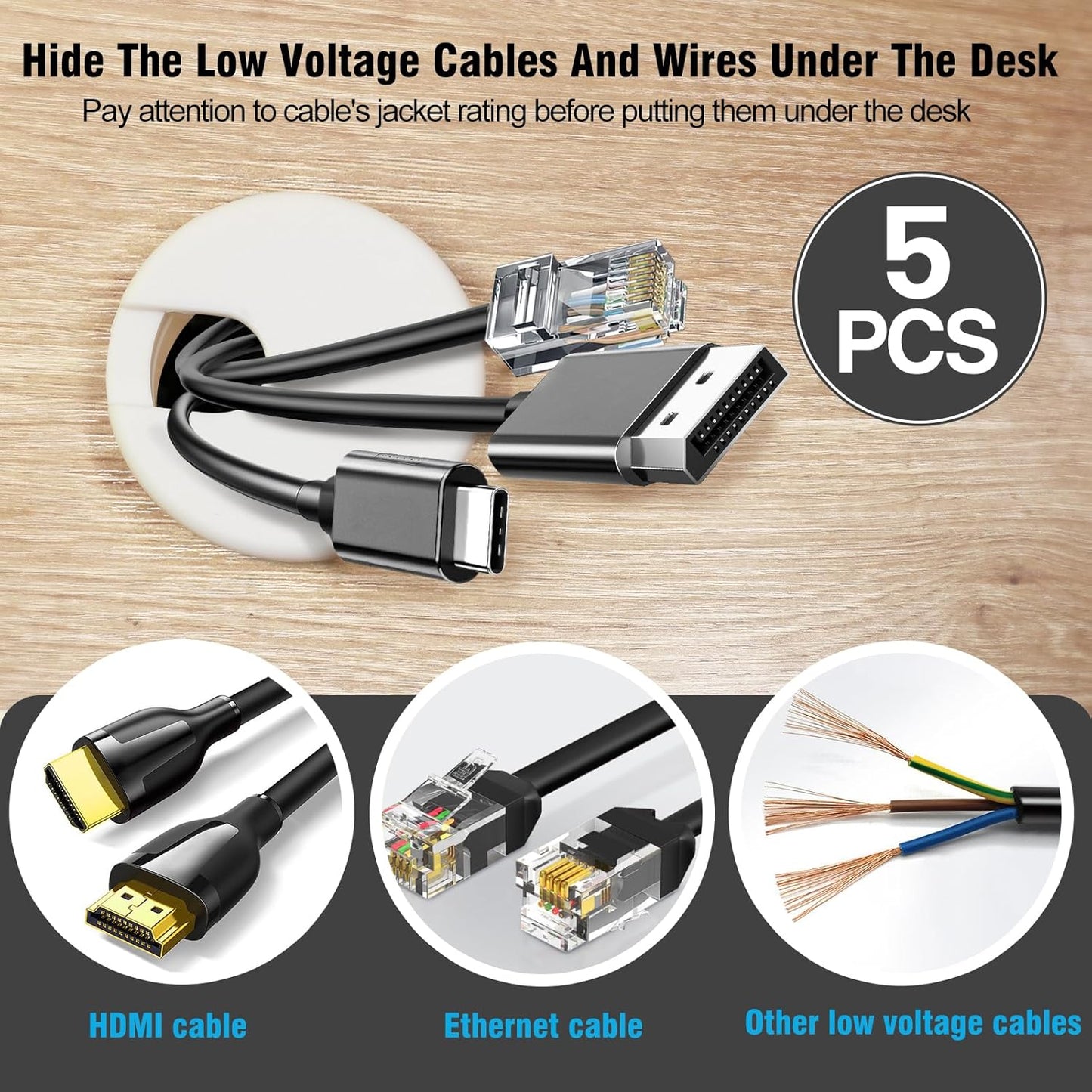 1-1/2" White Desk Grommet, JTemgle Plastic Cable Hole Cover Computer Table Cord Wire Organizer Caps Desktop Cord Management for Home Office TV Stands Tabletops, 5 Pieces