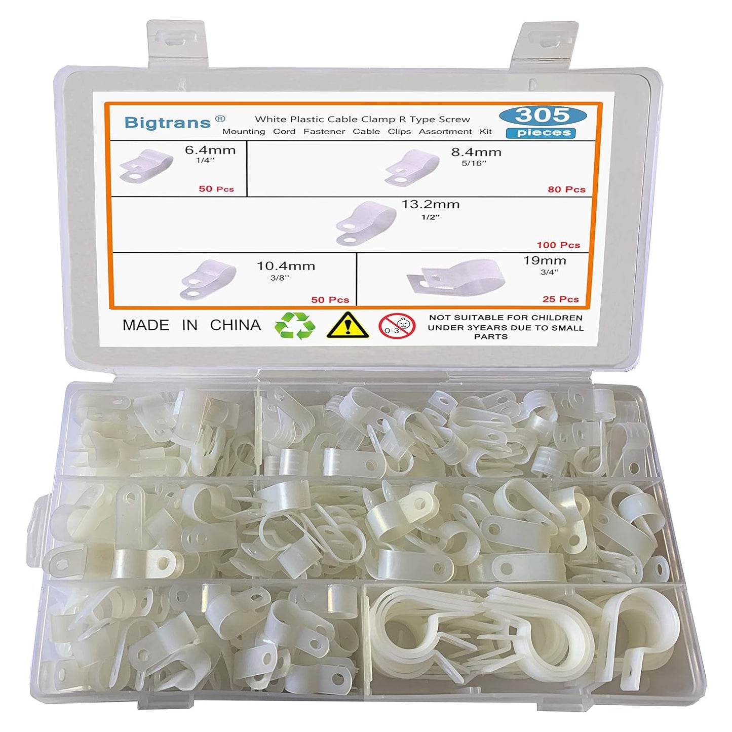 Bigtrans 305 Pcs Nylon Plastic R-Type Wire Clips 1/4" 5/16" 3/8" 1/2" 3/4" Clamps Fasteners Assortment for Cable Conduit -5 Size -White