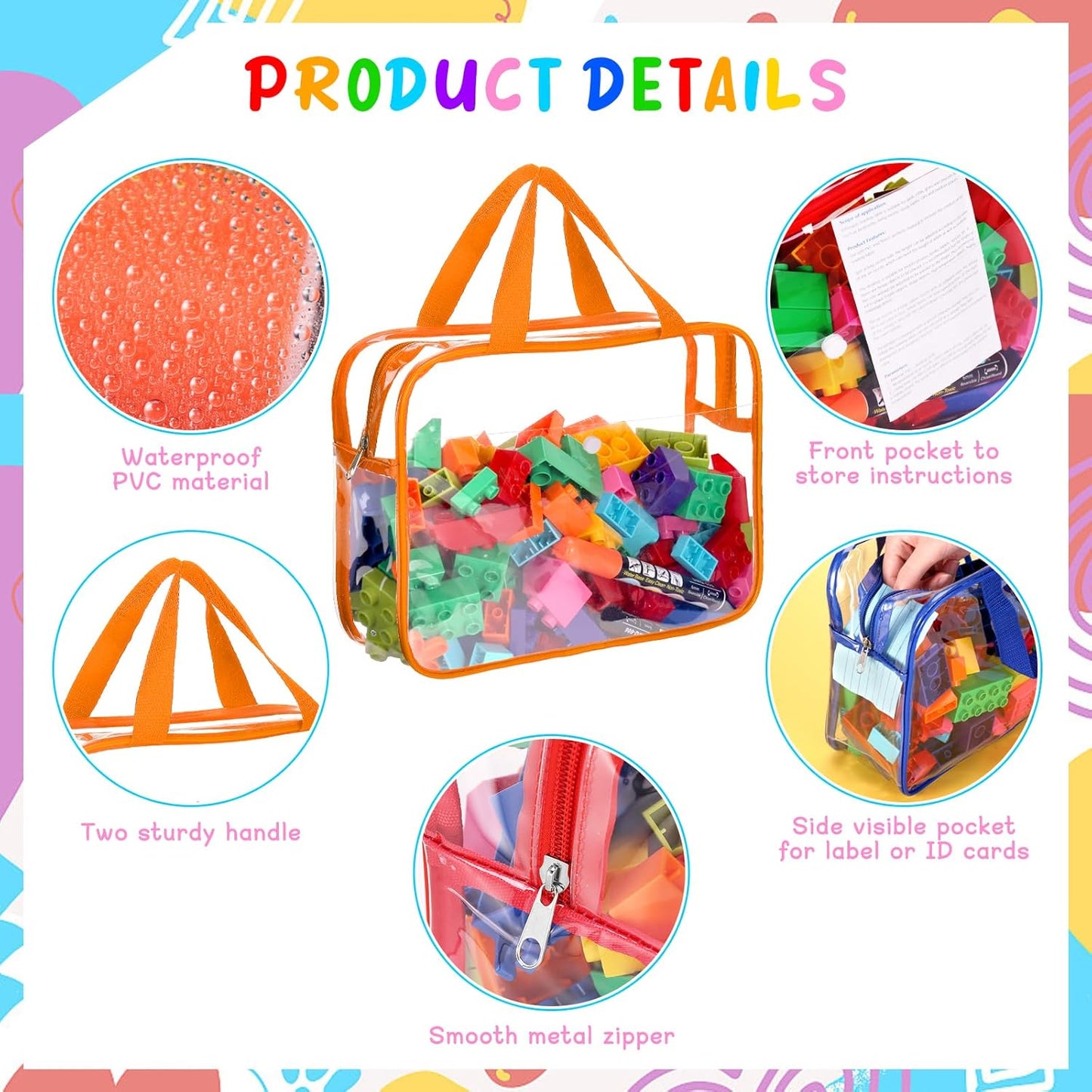 8 Packs Large Toy Storage Bags with Labels&Manual Pocket, Reusable Clear PVC Board Game Storage Bags, Travel Waterproof Organizer Bags with Zipper for Building Blocks, Puzzle, Toys